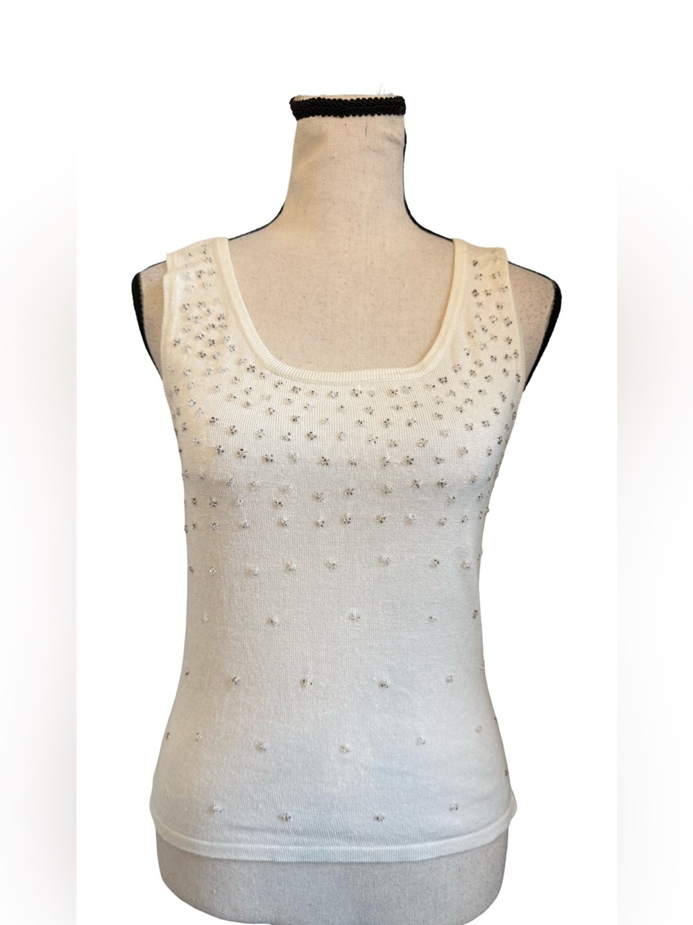 Pure Design Ivory Rhinestone Embellished Sleeveless Knit Tank Top L